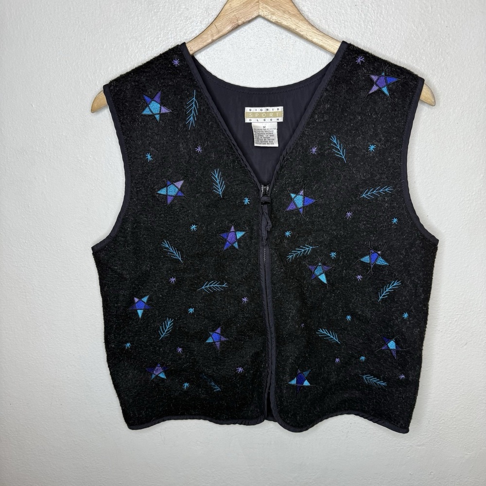 Sigrid Olsen Black Purple Embroidered Star Winter Vest Full Zip‎ Women's Medium